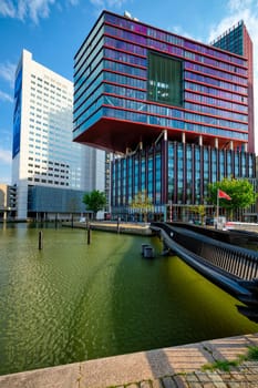 Rotterdam, Netherlands - May 11, 2017: View of Rotterdam sityscape with modern architecture Havensteder building and other skyscrapers. Wijnhaven, Rotterdam, the Netherlands