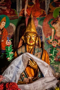 Likir, India - September 16, 2012: Statue of Je Tsongkhapa, founder of the Gelugpa school in Likir Gompa (Tibetan Buddhist monastery). Ladakh, India