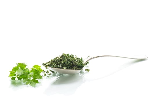 dried parsley in a spoon next to fresh herbs, isolated on white background