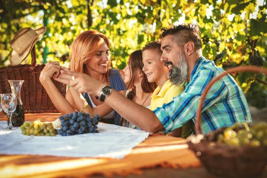 Beautiful young smiling family of four having picnic at a vineyard.