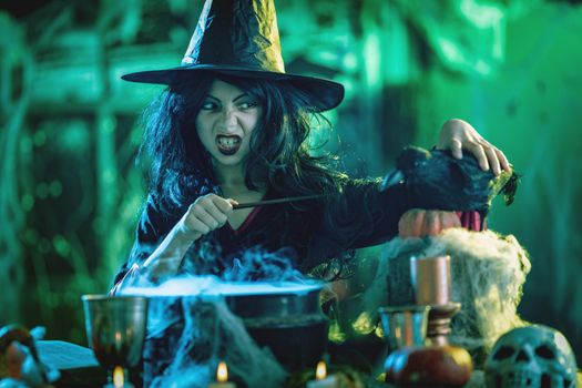 Young witch with awfully face holding magic wand and tells magic words to blackbird in creepy foggy surroundings full of steam.
