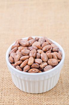 Raw Organic cranberry beans in withe bowl on sack background.