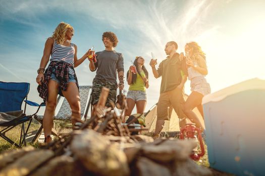 Happy young friends enjoy a sunny day in nature. They're clinking beer bottles, laughing and talking happy to be together.