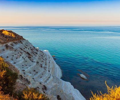 Top view of the limestone white cliffs at the Scala dei Turchi in English Stair of the Turks near Realmonte in Agrigento province. Sicily, Italy