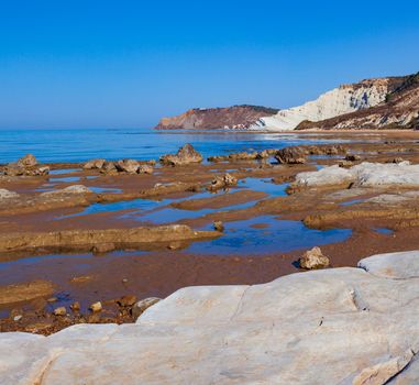 View of the Scala dei Turchi. A fascinating limestone rock steep on an amazing sea in Realmonte, Agrigento. Sicily