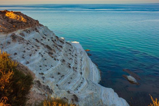 Top view of the limestone white cliffs at the Scala dei Turchi in English Stair of the Turks near Realmonte in Agrigento province. Sicily, Italy