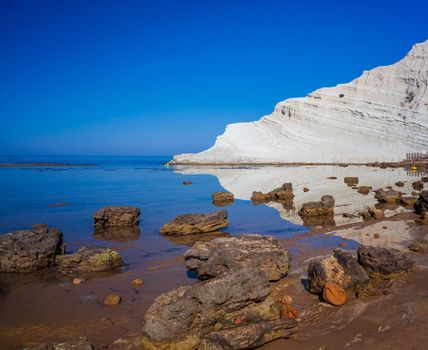 View of the Scala dei Turchi. A fascinating limestone rock steep on an amazing sea in Realmonte, Agrigento. Sicily