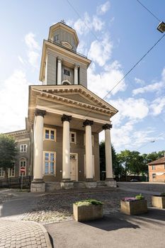 Riga, Latvia. August 2021.  The outdoor view of  the  Jesus Evangelical Lutheran Church in the city center