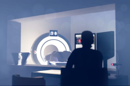 In Control Room Radiologist Diagnosis while Watching Procedure and Monitors Showing Brain Scans Results, In the Background Patient Undergoes MRI or CT Scan Procedure.3D rendering .