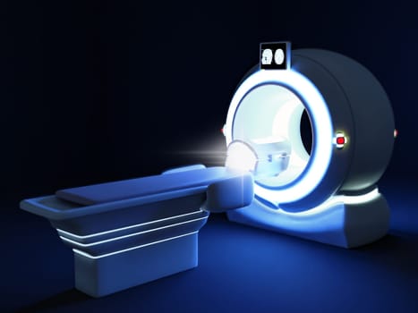 Side view of MRI SCANNER - Magnetic resonance imaging  device in Hospital 3D rendering  . Medical Equipment and Health Care background.