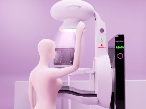 Mammography device  for screening breast cancer in Hospital  with 3D woman model .3D rendering .