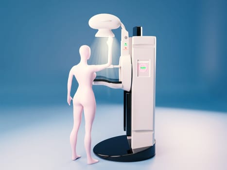 Mammography device  for screening breast cancer in Hospital  with 3D woman model .3D rendering .