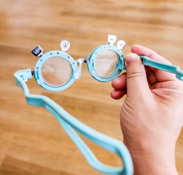 Optometrist . Eye test frame. Vision test. Check Eyesight. Diopter with scale of measurement. Examination of the eyes at eyeglass shop.