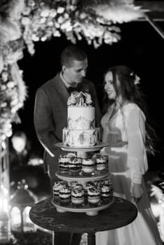 newlyweds happily cut, laugh and taste the wedding cake