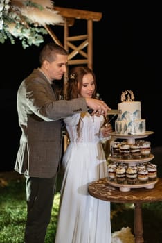 newlyweds happily cut, laugh and taste the wedding cake