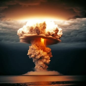 Terrible explosion of a nuclear bomb with a mushroom . Hydrogen bomb test. Nuclear catastrophe