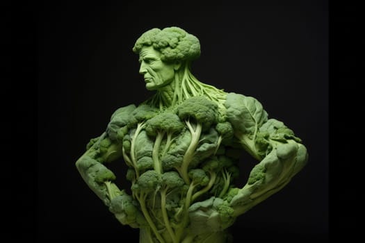 Creative sculpture of bodybuilder man made of broccoli. Healthy eating concept, muscle body. Nutrient whole food. High quality illustration