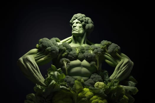 Creative sculpture of bodybuilder man made of broccoli. Healthy eating concept, muscle body. Nutrient whole food. High quality illustration