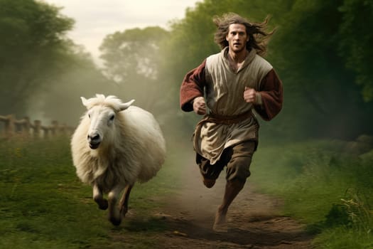 Man Jesus reaching out to a lost sheep. Religious theme concept. High quality photo
