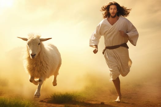 Man Jesus reaching out to a lost sheep. Religious theme concept. High quality photo