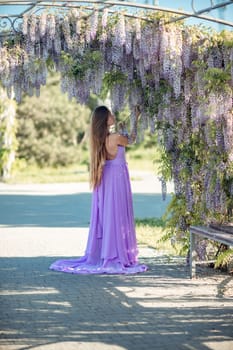 Woman wisteria lilac dress. Thoughtful happy mature woman in purple dress surrounded by chinese wisteria.