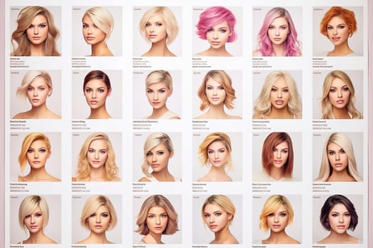 Catalog with examples of women's haircuts and coloring. High quality photo