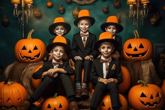 Schoolchildren are standing with pumpkins preparing for Halloween. High quality photo