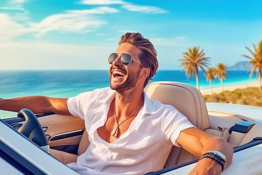 Happy man rides in a convertible. High quality photo