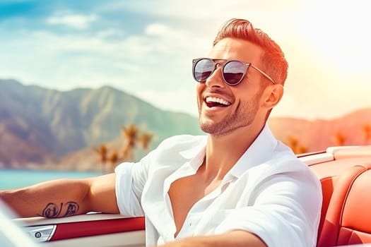 Happy man rides in a convertible. High quality photo