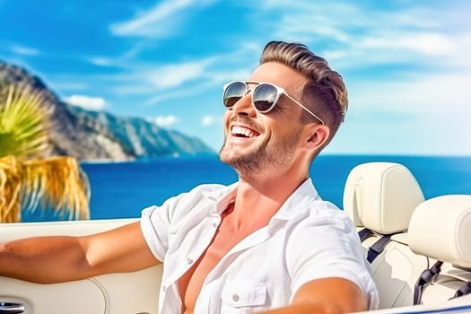 Happy man rides in a convertible. High quality photo
