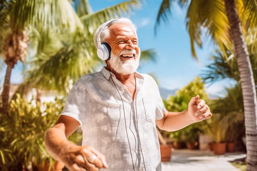 Happy pensioner dancing with headphones. High quality photo