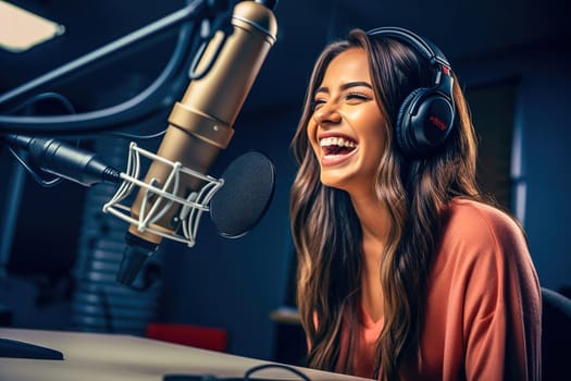 A happy girl in headphones is broadcasting on the radio. High quality photo