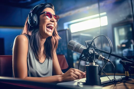 A happy girl in headphones is broadcasting on the radio. High quality photo