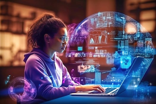 Woman at laptop, with cyber security hologram. High quality illustration
