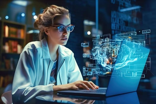Woman at laptop, with cyber security hologram. High quality illustration