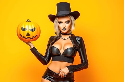 Woman in a black leather suit with a pumpkin on a yellow background. Halloween holiday concept. High quality photo