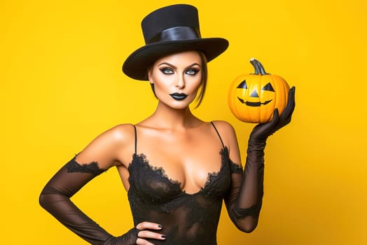 Woman in a black leather suit with a pumpkin on a yellow background. Halloween holiday concept. High quality photo