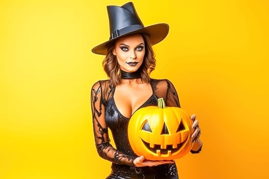 Woman in a black leather suit with a pumpkin on a yellow background. Halloween holiday concept. High quality photo