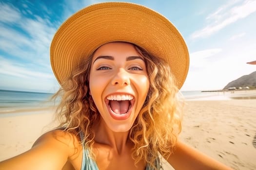 Portrait of a happy girl by the sea. High quality photo