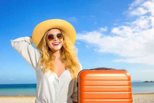 Portrait of a happy girl by the sea with a suitcase. The concept of travel and leisure. High quality photo