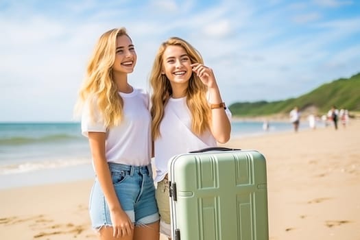 Portrait of happy girls by the sea with a suitcase. The concept of travel and leisure. High quality photo