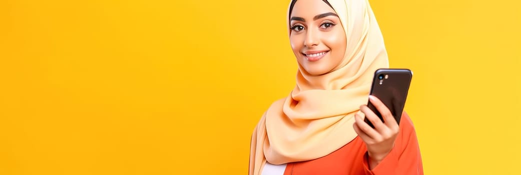 Muslim woman with a smartphone on a yellow background. High quality photo