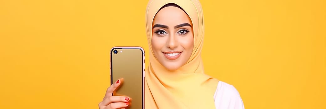 Muslim woman with a smartphone on a yellow background. High quality photo