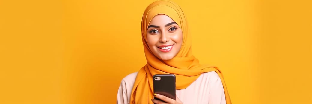 Muslim woman with a smartphone on a yellow background. High quality photo