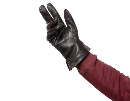 a hand with black leather glove worn on a transparent background
