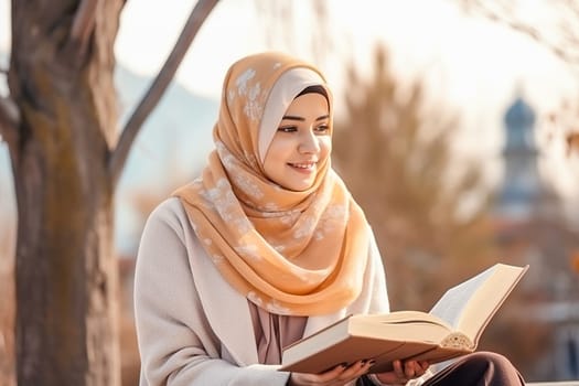 A Muslim woman reads a book in the park. High quality photo