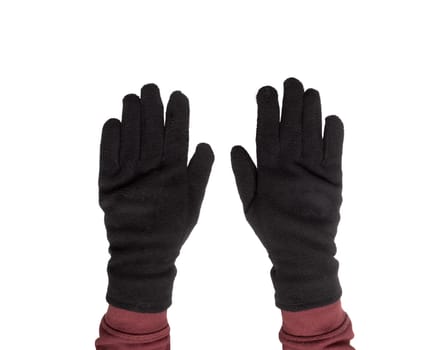 two hands with black gloves worn on a transparent background