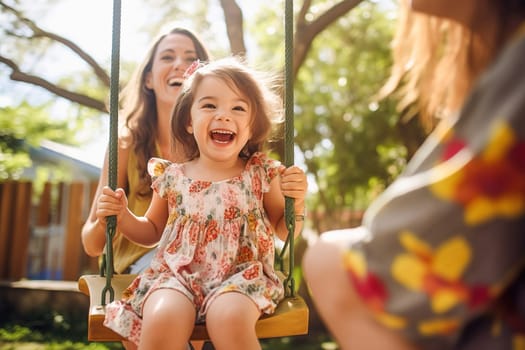 Mom rocks her daughter on a swing. High quality photo
