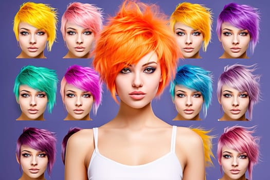 Catalog with examples of women's haircuts and coloring. High quality illustration