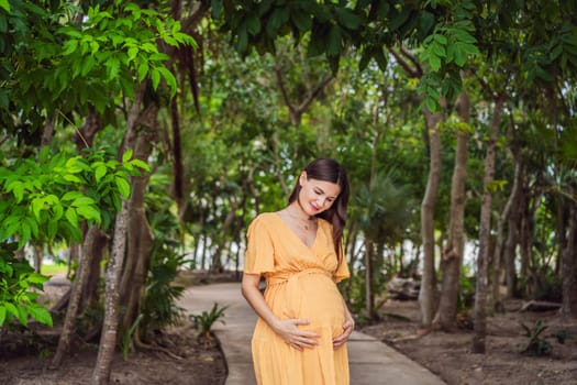 A serene and radiant pregnant woman after 40, surrounded by nature's beauty in the park, cherishing the journey of motherhood with a glowing smile.